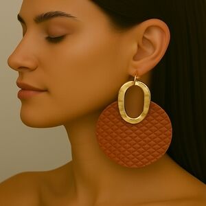 2/$30 Gold Tone Hoop & Brown Faux Leather Circle Shape Latch Earrings, Jewelry
